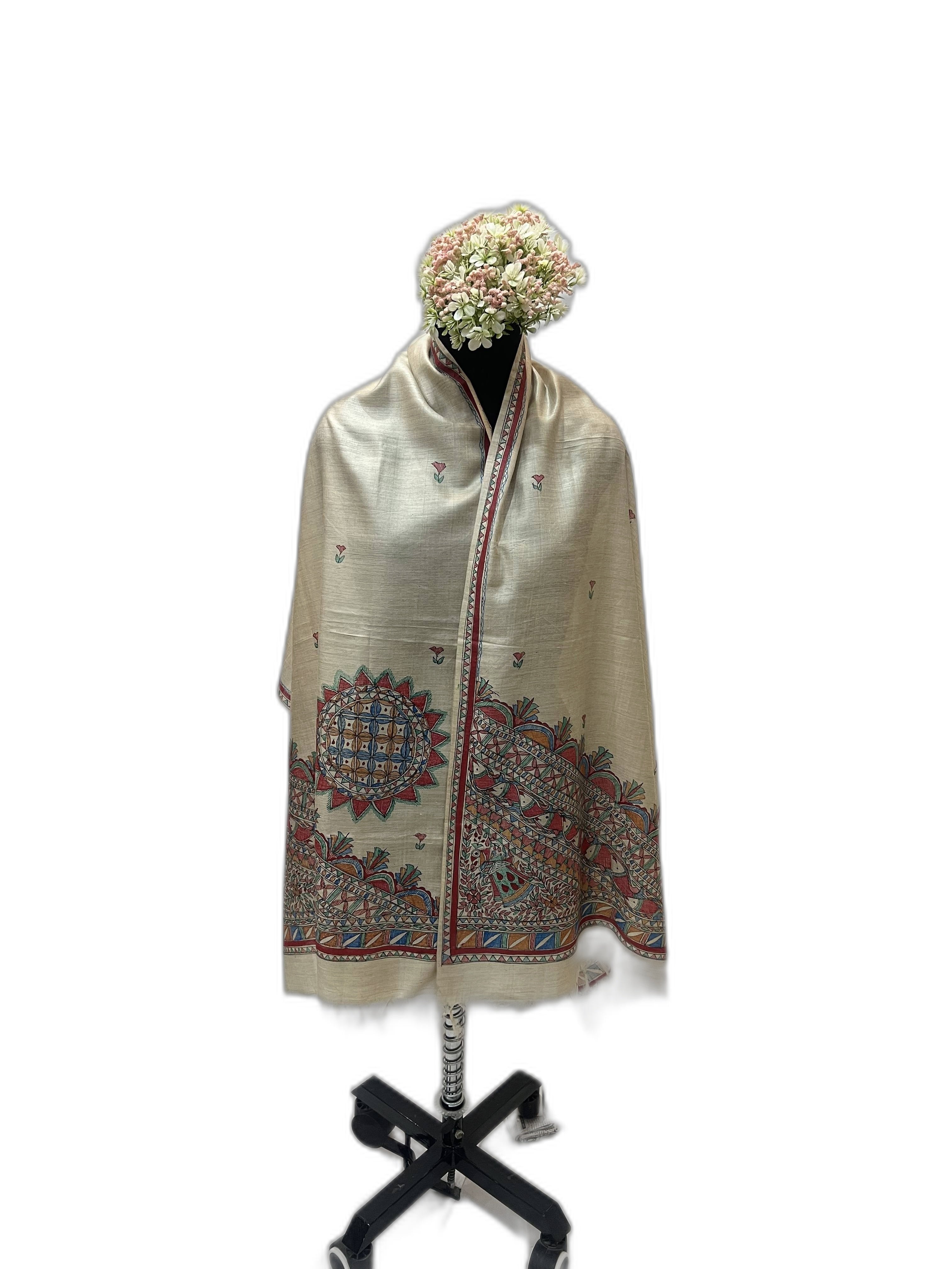 Handpainted Madhubani Stole on Tussar Munga Silk with Red Border